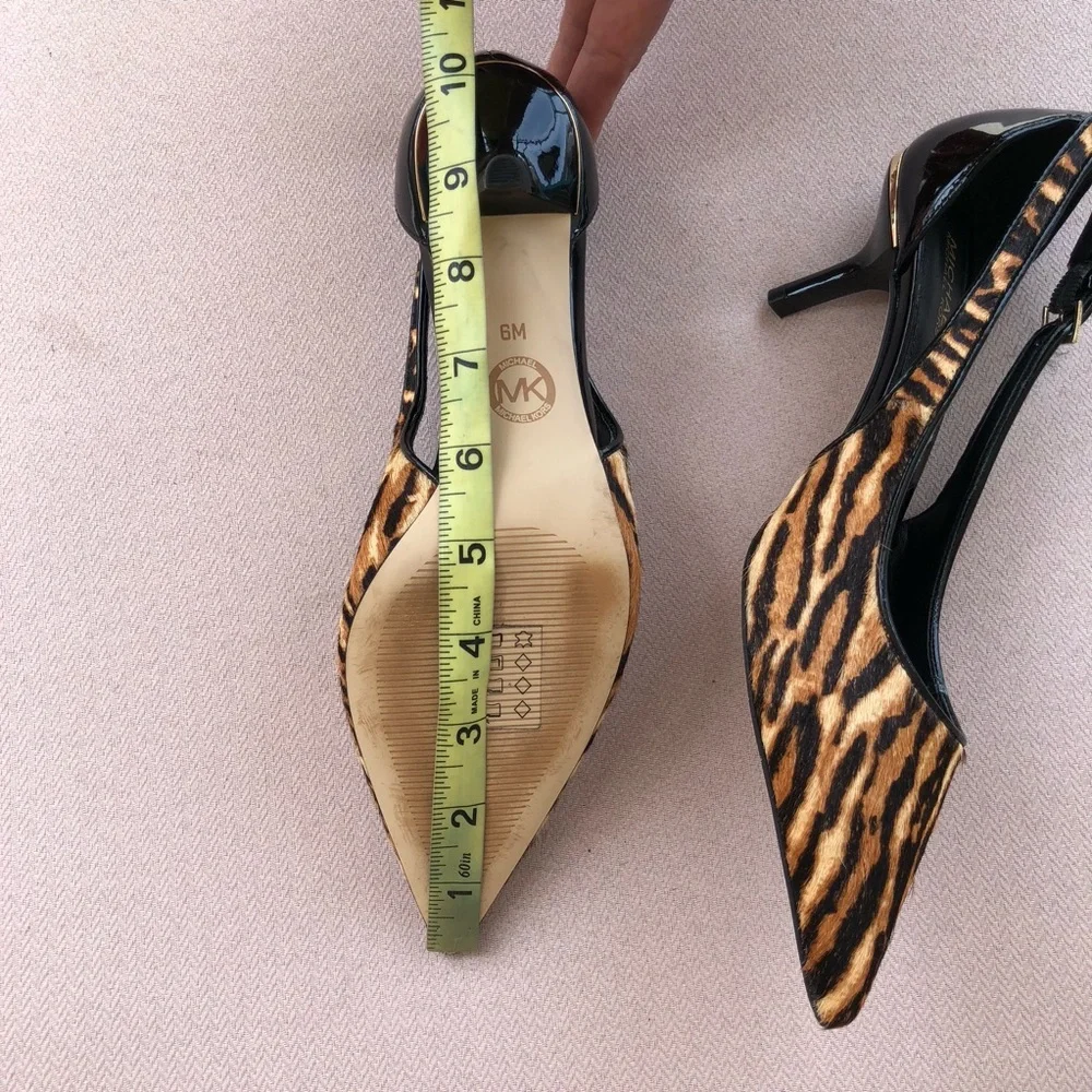 Michael Kors  Calf Hair Black Brown Tiger Print Slingback Mid Pump Heel Shoes 6M